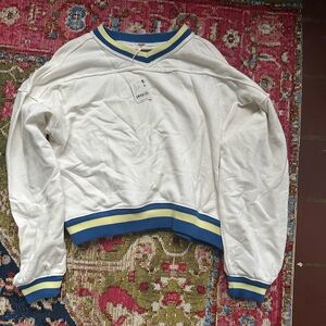 Free People White and Blue V-Neck Sweater